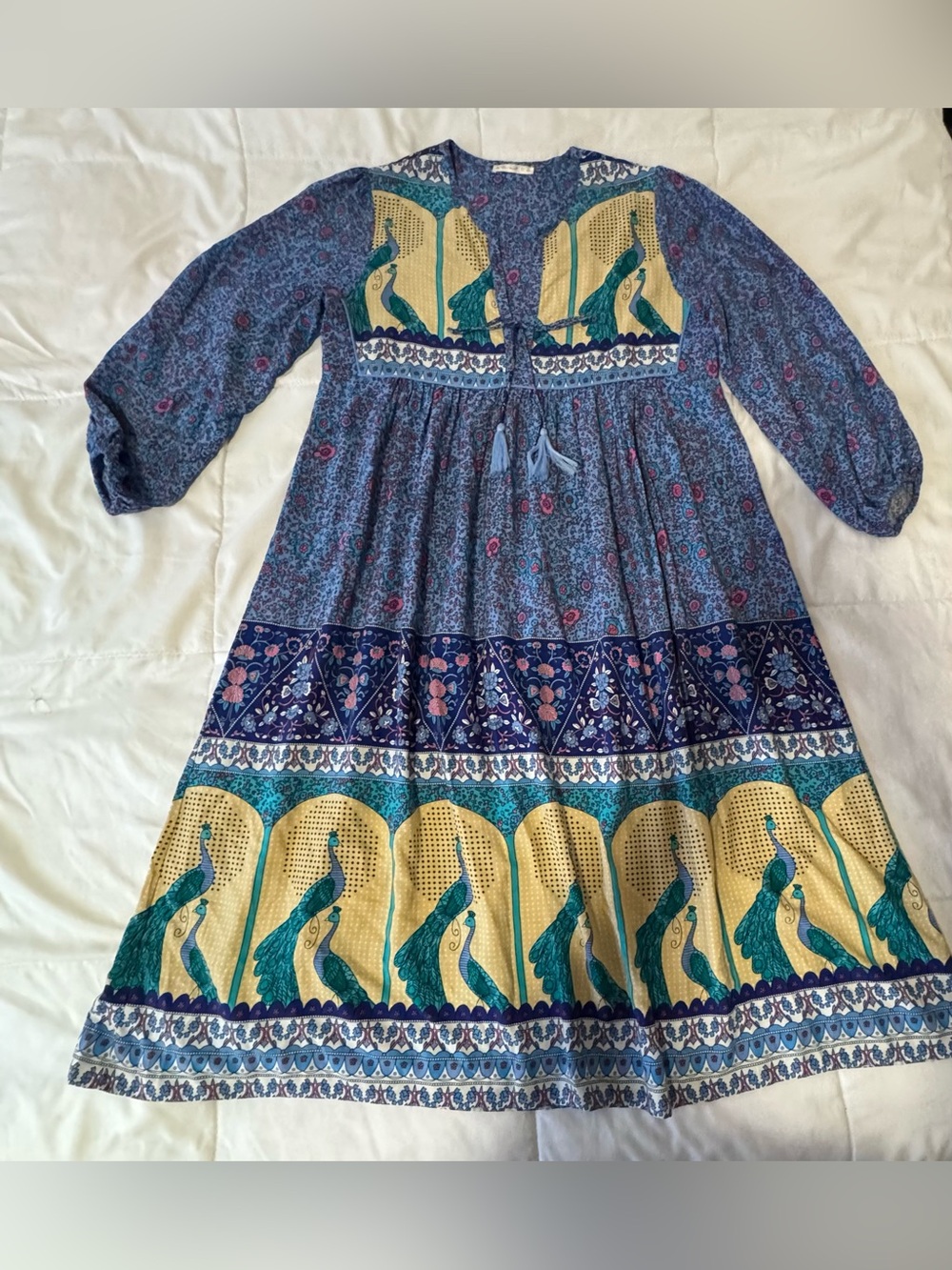 Boho Maxi Dress with Peacock Motif in Blue and Cream Sz M - Picture 10 of 11
